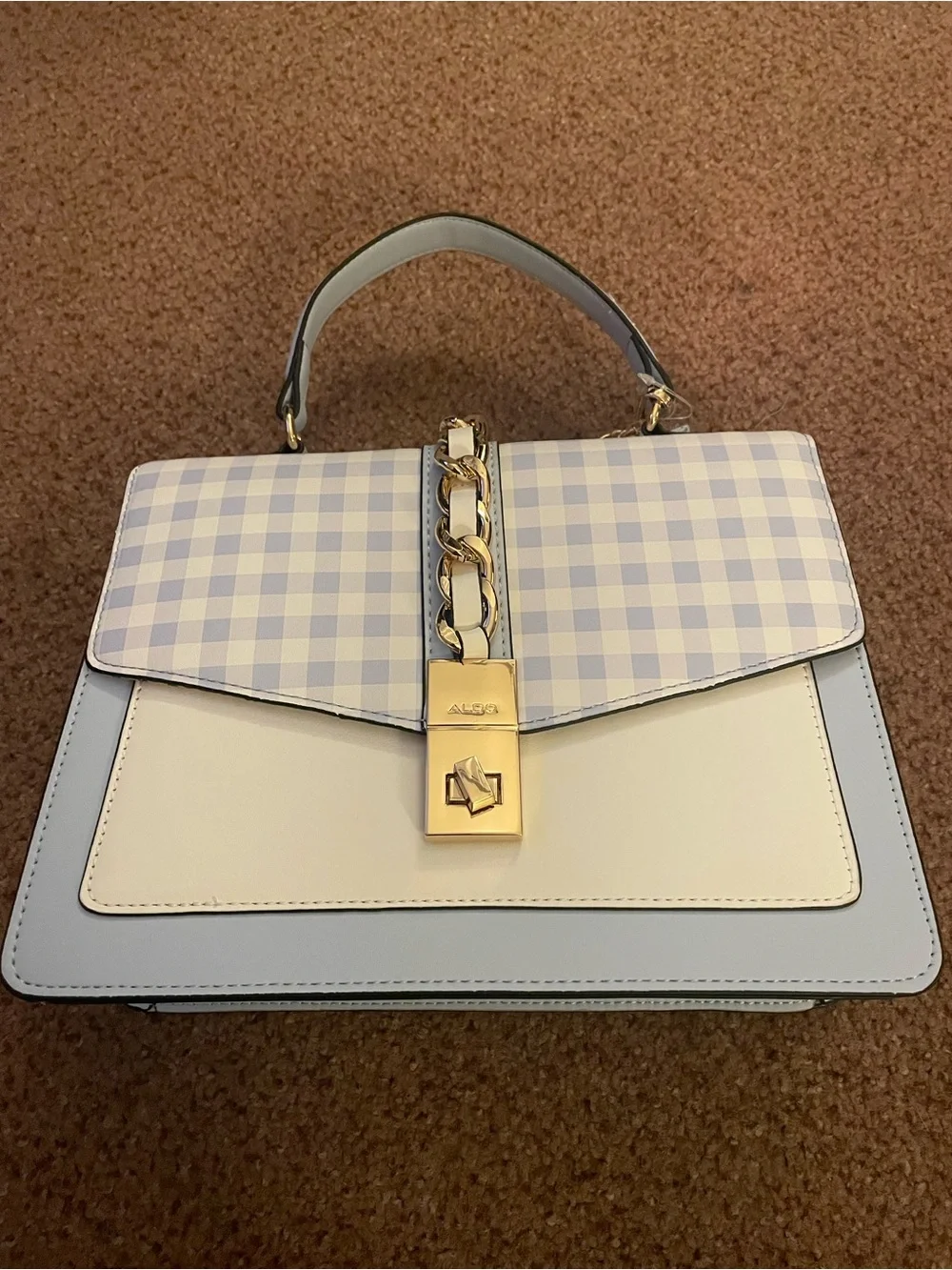 Aldo Pastel Blue & Cream Gingham Top Handle Satchel